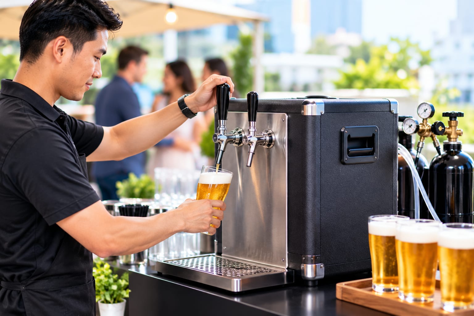 Portable draught beer machine pouring a glass at a rooftop gathering