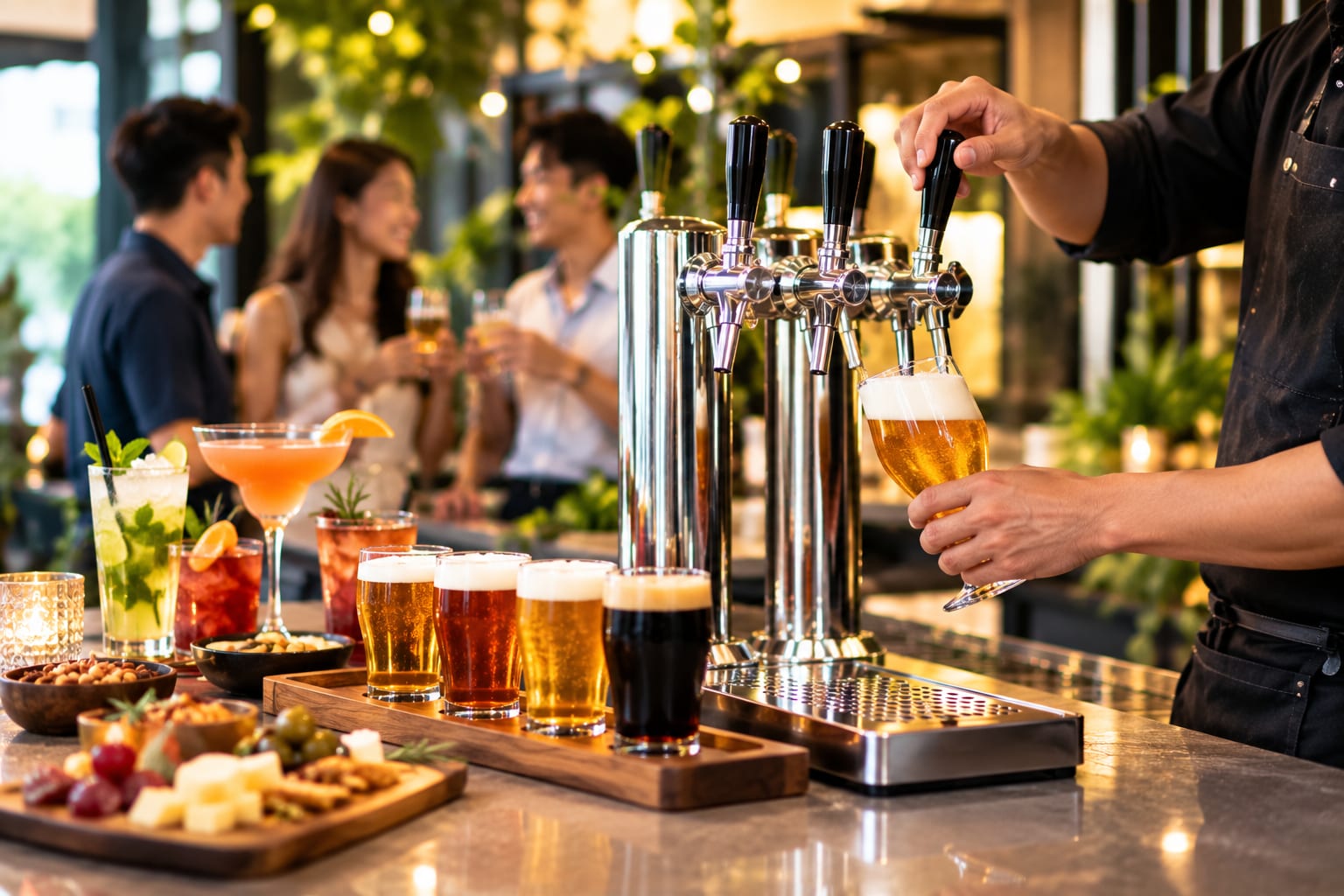 Guests toasting at a bar with a curated beer and cocktail spread