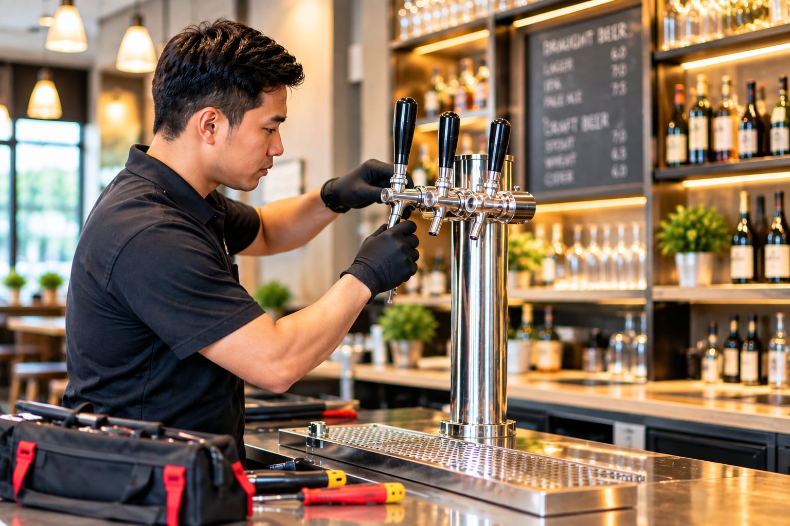 TSA technician servicing a draught beer tower at a bar